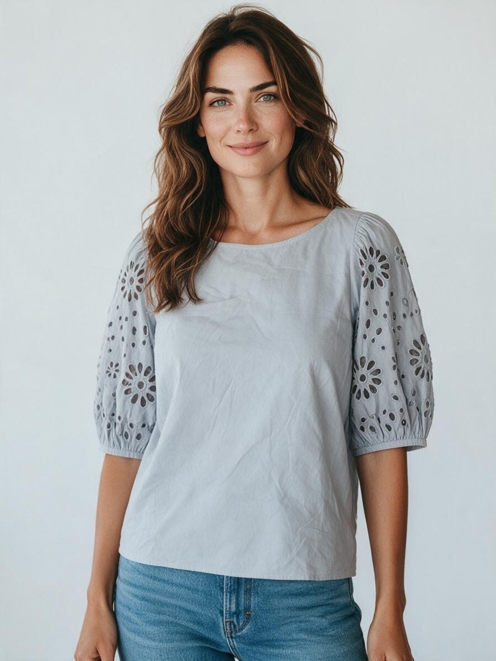 Ann Taylor Sample Eyelet Sleeve Top NWT | Medium • Blue Hydrangea • Cotton